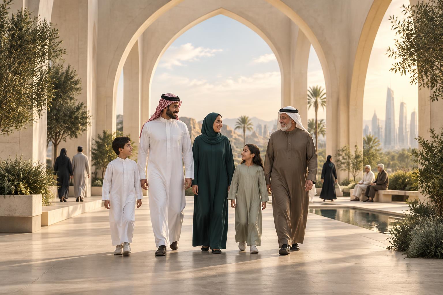 عائلة سعودية متعددة الأجيال تمشي معاً بين أقواس معمارية مضاءة، في تعبير عن الصحة والحيوية عبر مراحل العمر