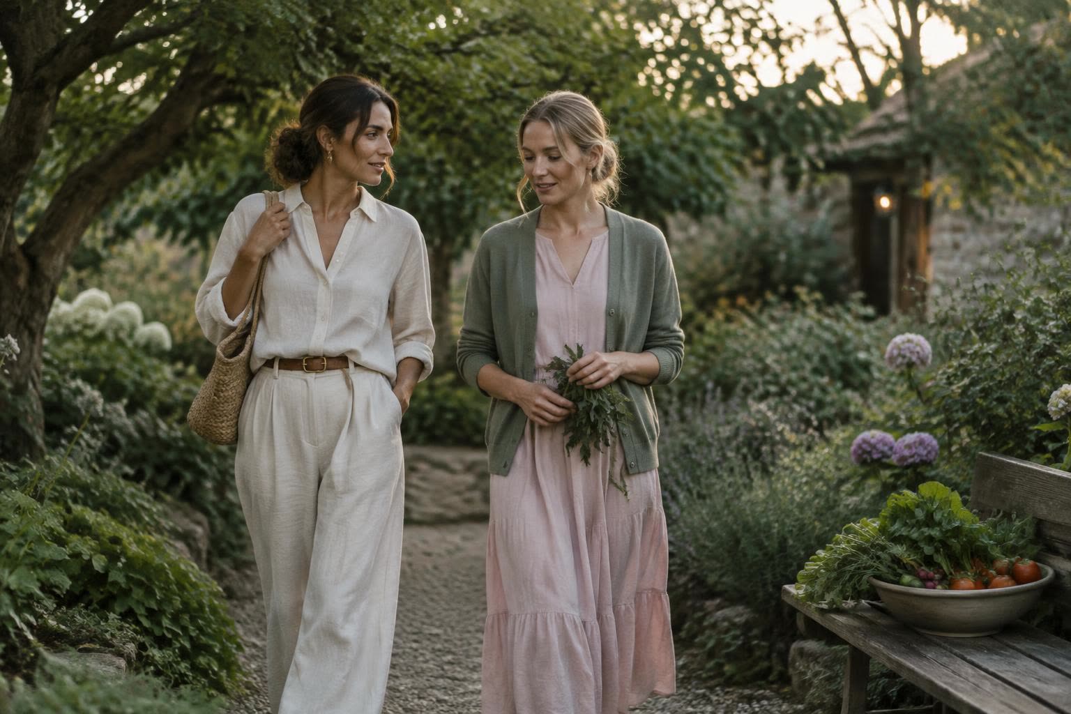 Two women walking together along a green garden path in the evening, beside a bowl of fresh vegetables