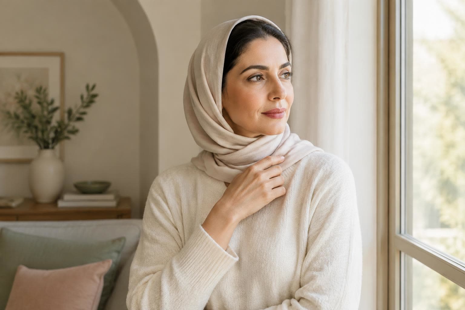 A calm woman standing by a window in morning light, her hand resting near her collarbone